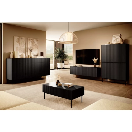 Szafka RTV Nicole 200 cm z wnęką i szufladami - czarny mat / czarne nóżki